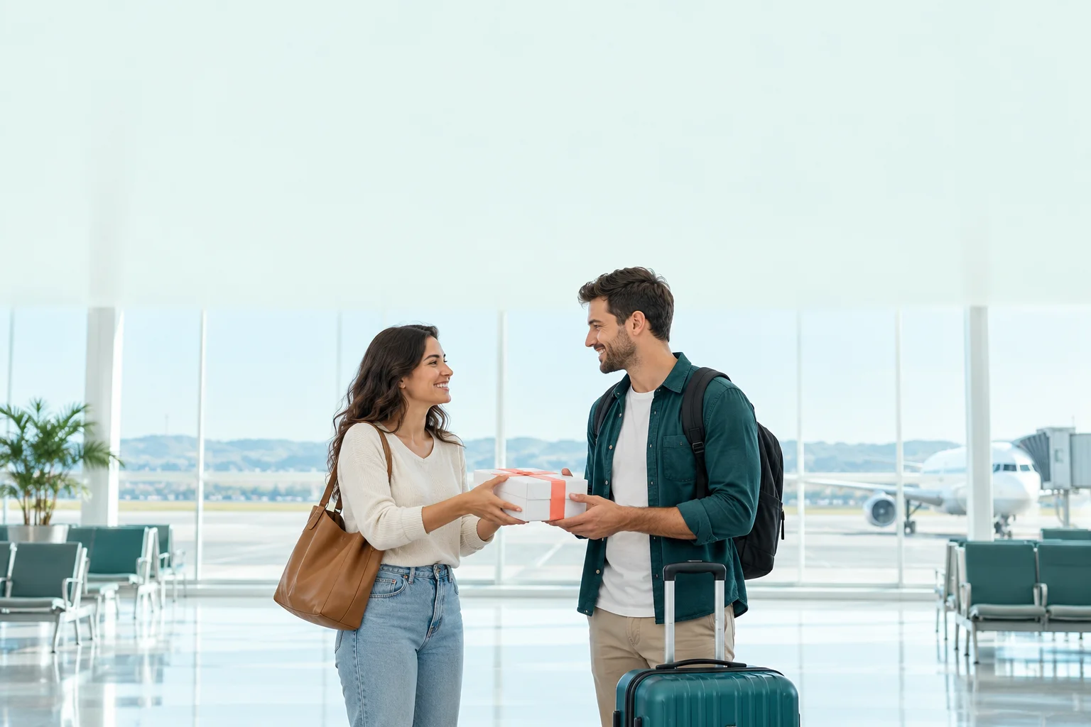 A sender hands a parcel to a traveler with a suitcase at an airport.