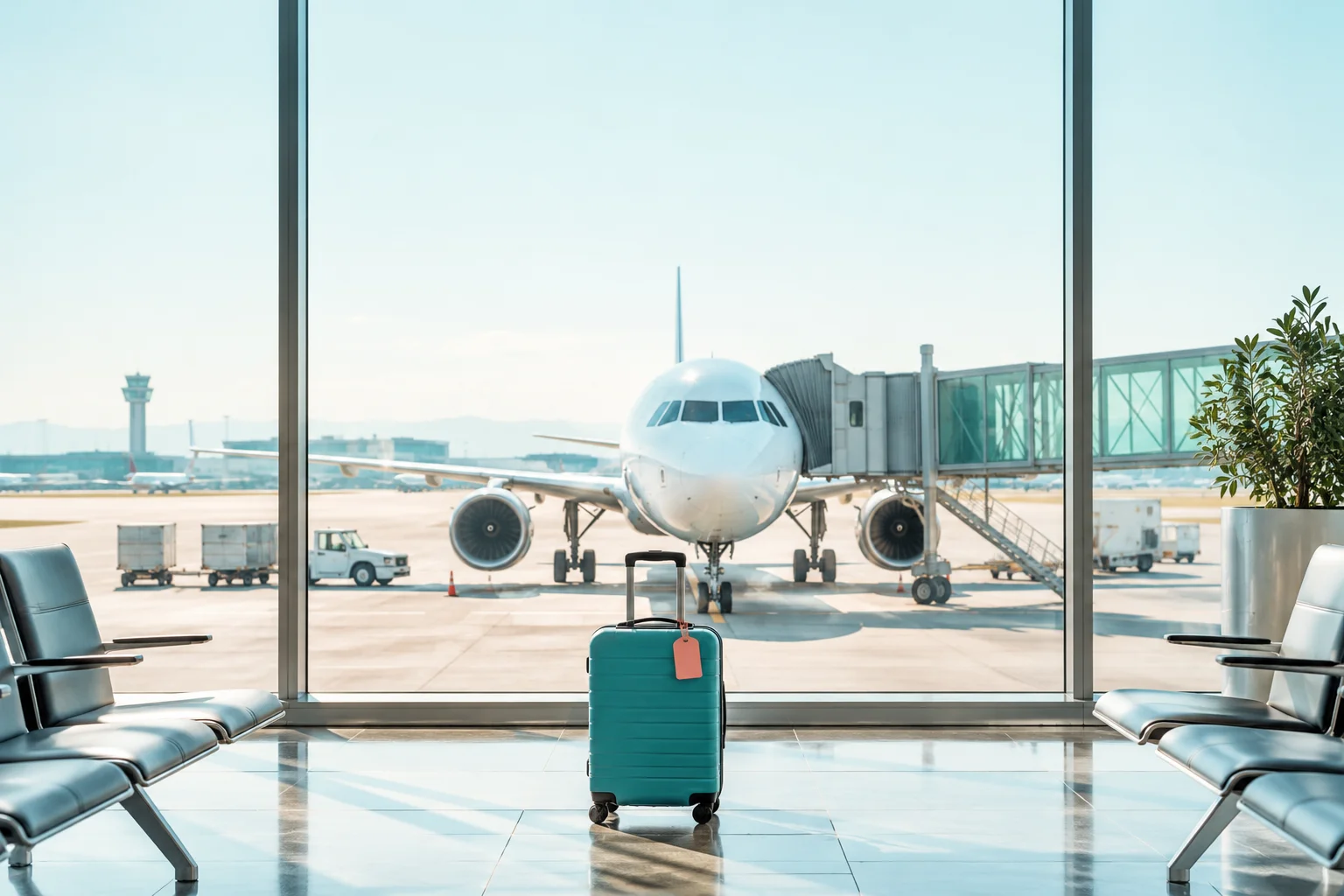 A teal suitcase in an airport lounge, with a passenger airplane outside.